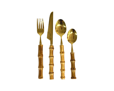 4pc, 16pc or 24pc Bamboo Handle Cutlery - Gold