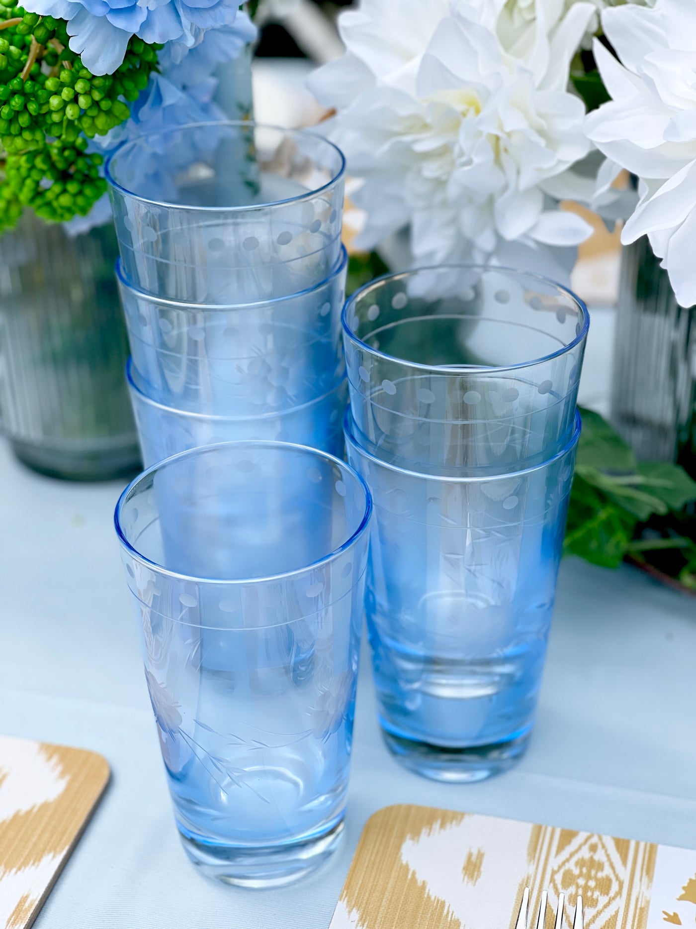 Set of 2 'Petra' Etched Glass Tumblers - Soft Blue