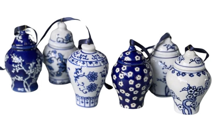 Set of Six Ceramic Mini Ginger Jar Ornaments - Blue and White