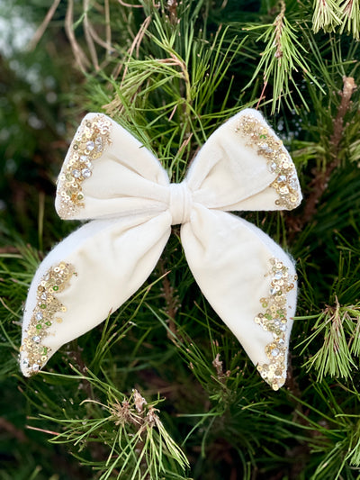 Embellished Ivory Velvet Bow With Clip