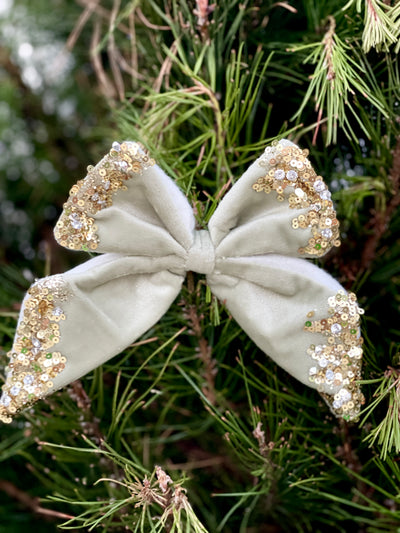 Embellished Soft Green Velvet Bow With Clip