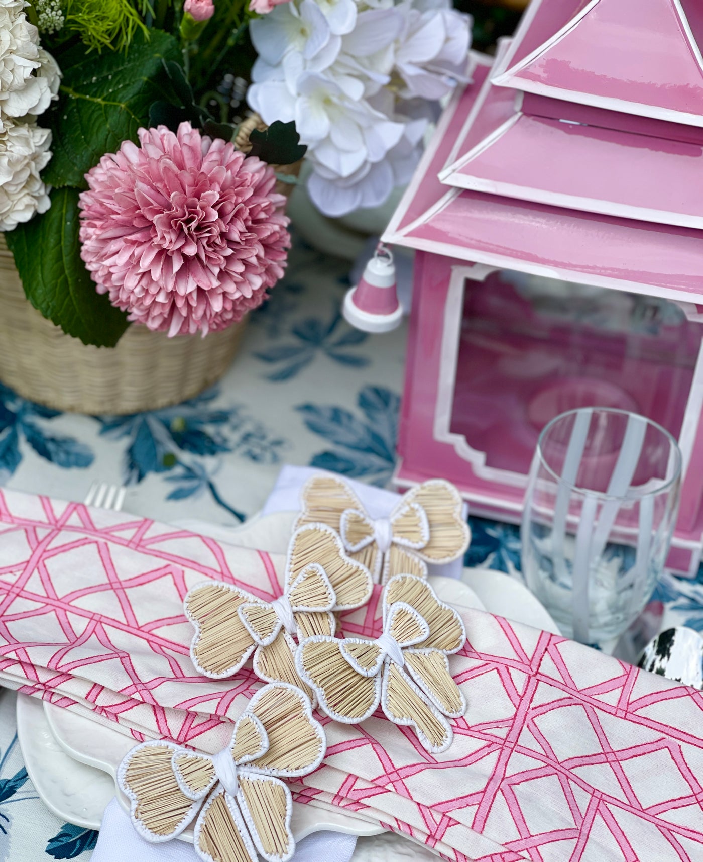 Set of 4 Hand Block Printed 'Lattice - Pink' Cloth Napkins
