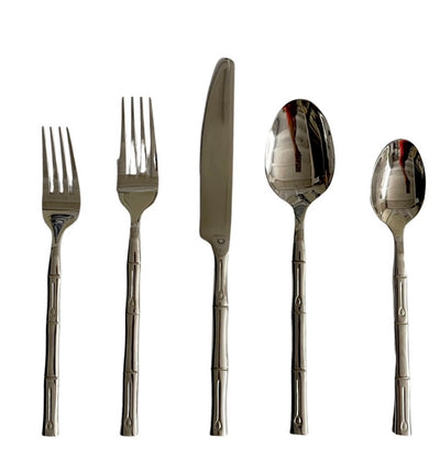 5 Piece Stainless Steel Silver Coloured Bamboo Cutlery Set