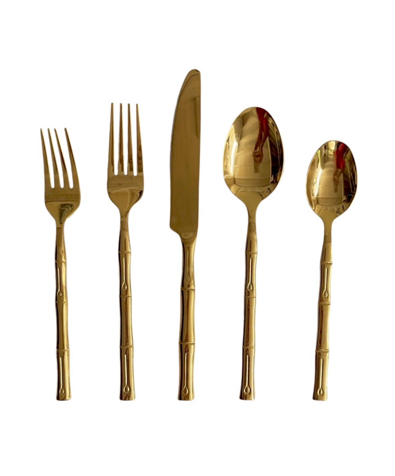 5 Piece Stainless Steel Gold Coloured Bamboo Cutlery Set
