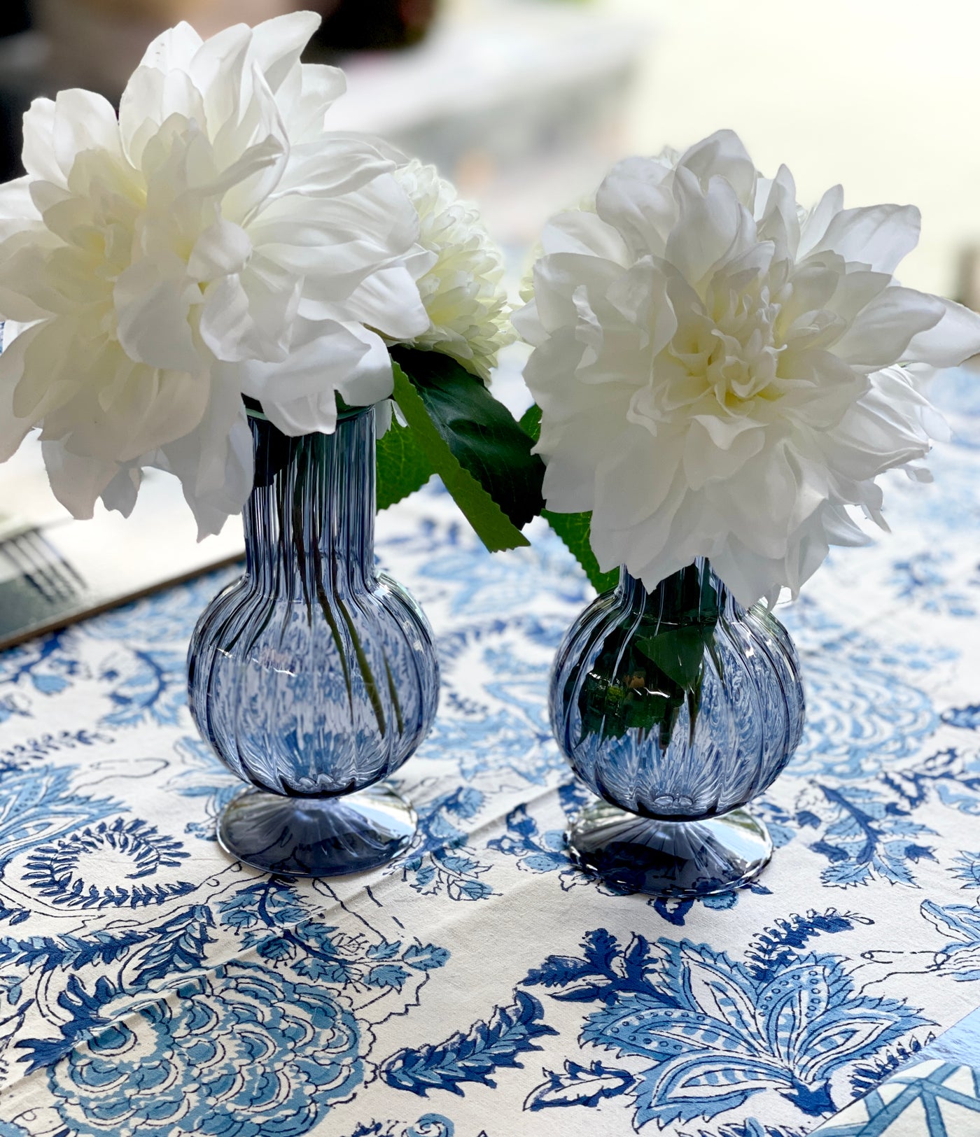 'Flora' Denim Blue with Pale Blue Trim Glass Vase