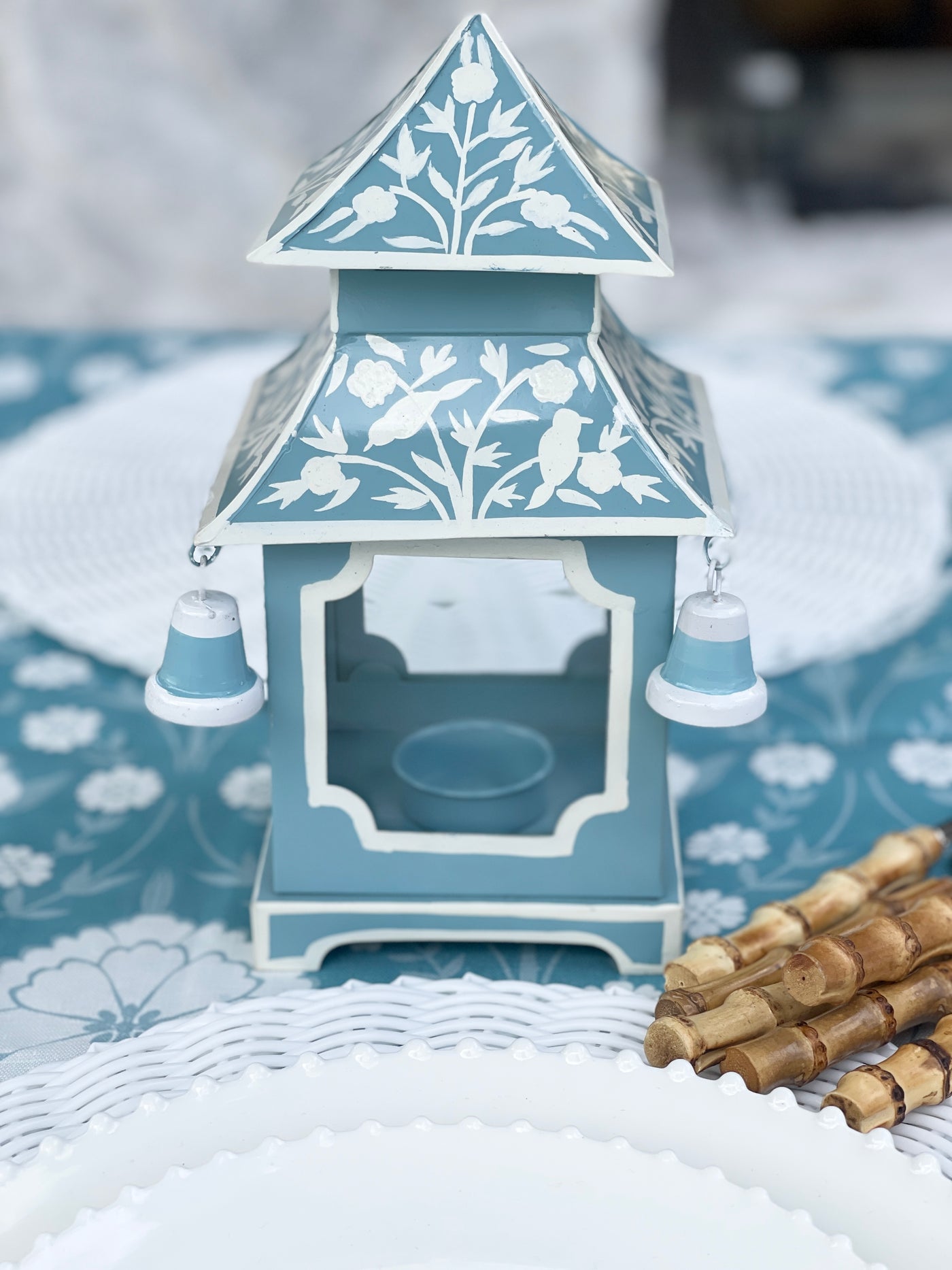 Chinoiserie Pagoda Candle Holder - Duck Egg Blue