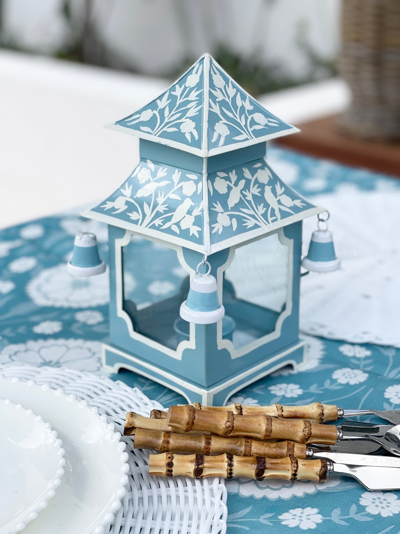 Chinoiserie Pagoda Candle Holder - Duck Egg Blue