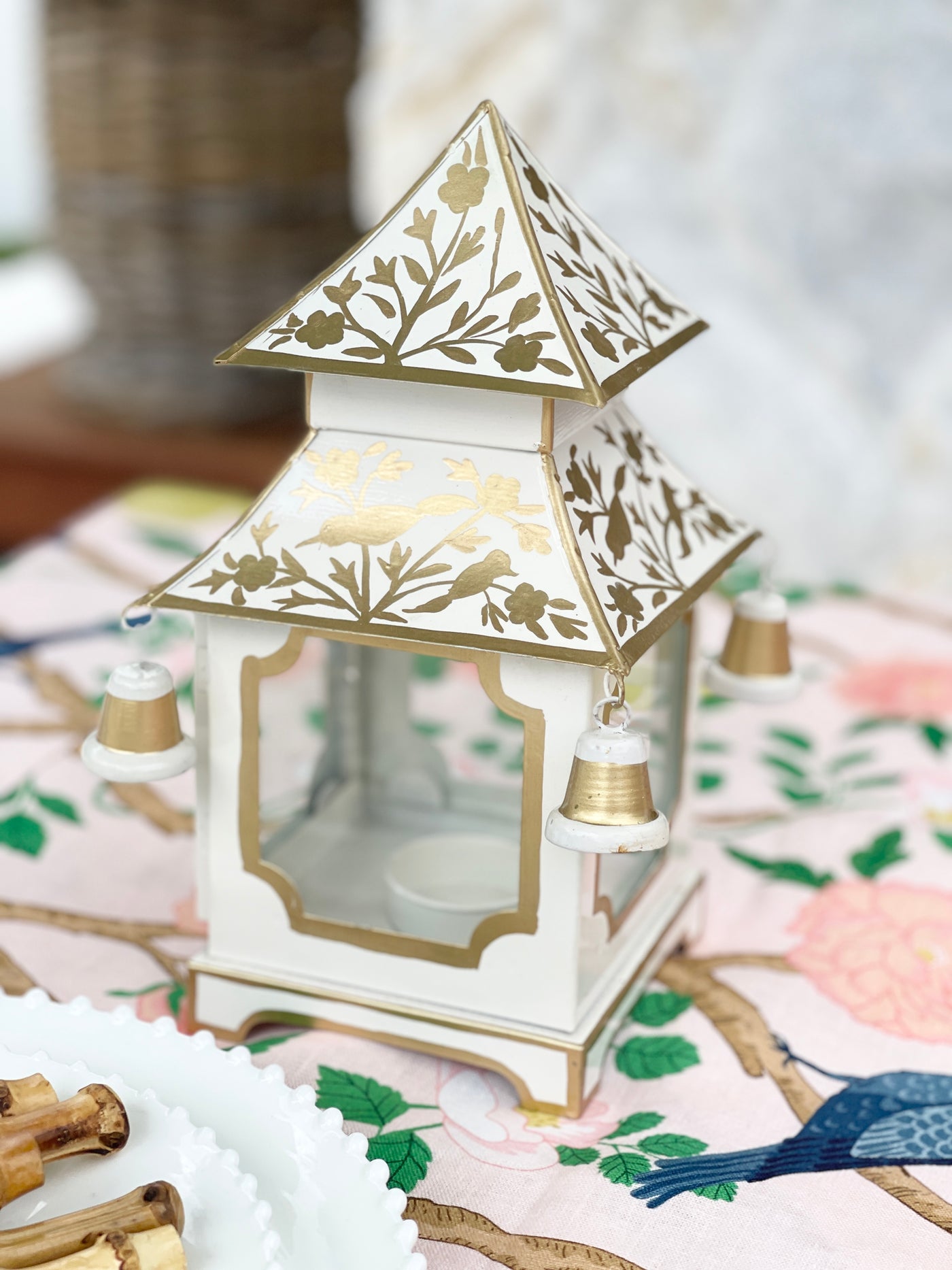 * JUST RE-STOCKED * Chinoiserie Pagoda Candle Holder - Gold/Cream