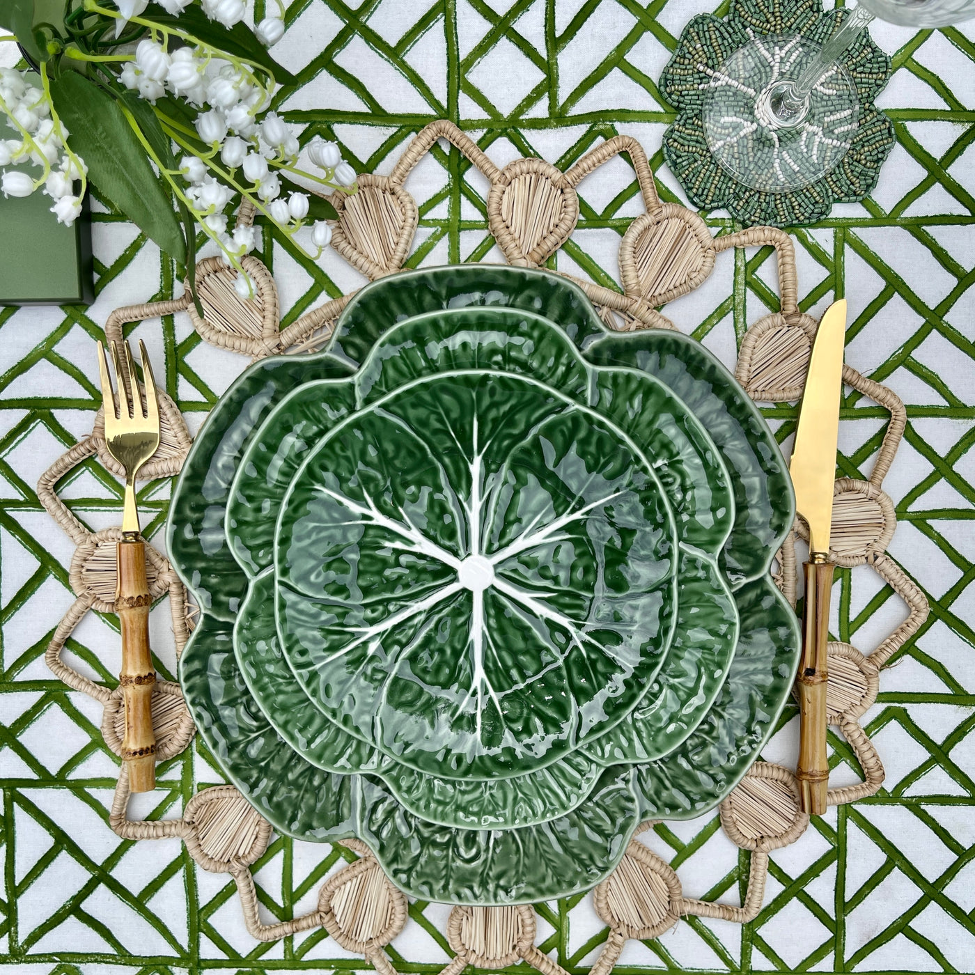 Hand Block Printed Cotton Tablecloth 'Lattice - Green'