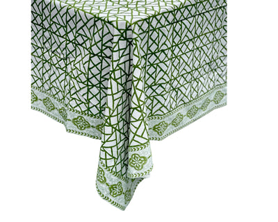 Hand Block Printed Cotton Tablecloth 'Lattice - Green'
