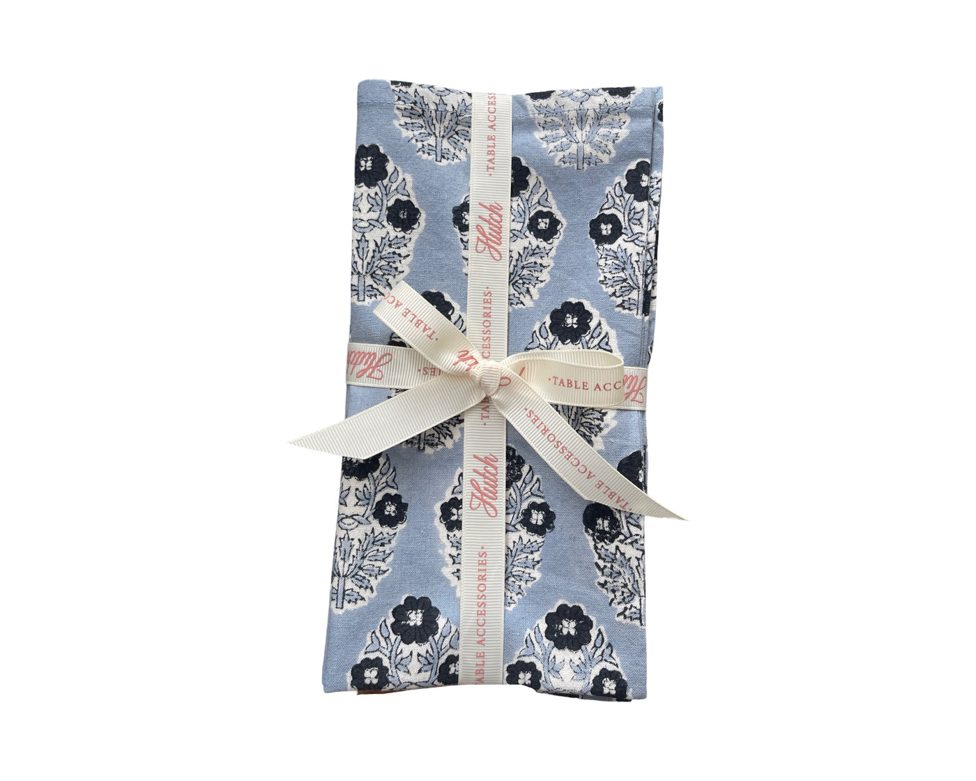 Set of 4 Hand Block Printed Cloth Napkin - 'Poppy' Pale Blue with White