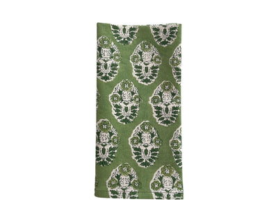 Set of 4 Hand Block Printed Cloth Napkin - 'Poppy' Green
