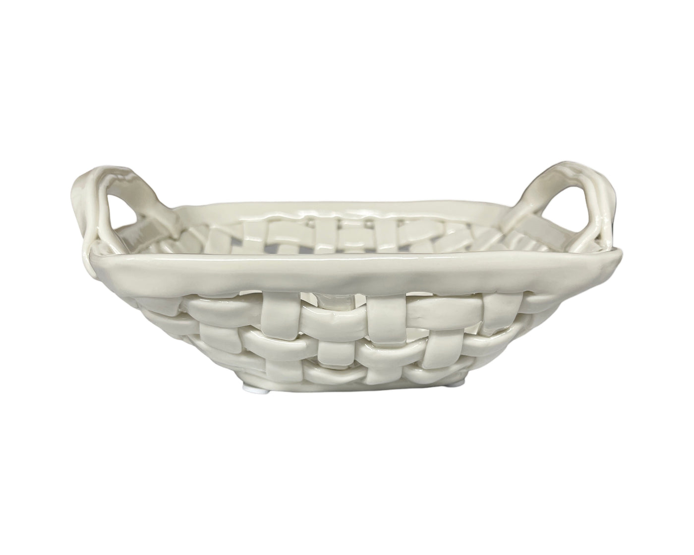 Ceramic Lattice Bowl - Square with Handles - Warm White