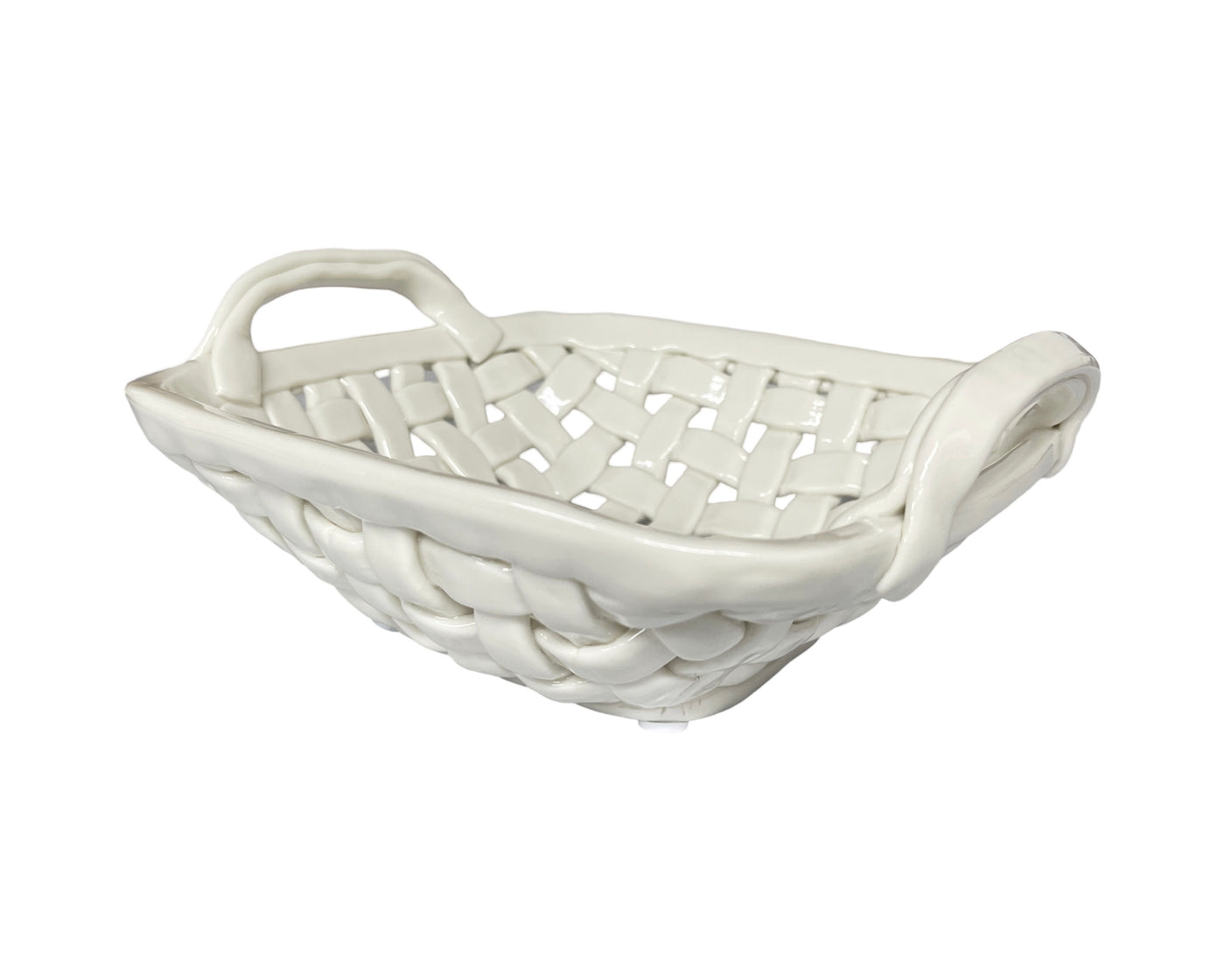 Ceramic Lattice Bowl - Square with Handles - Warm White