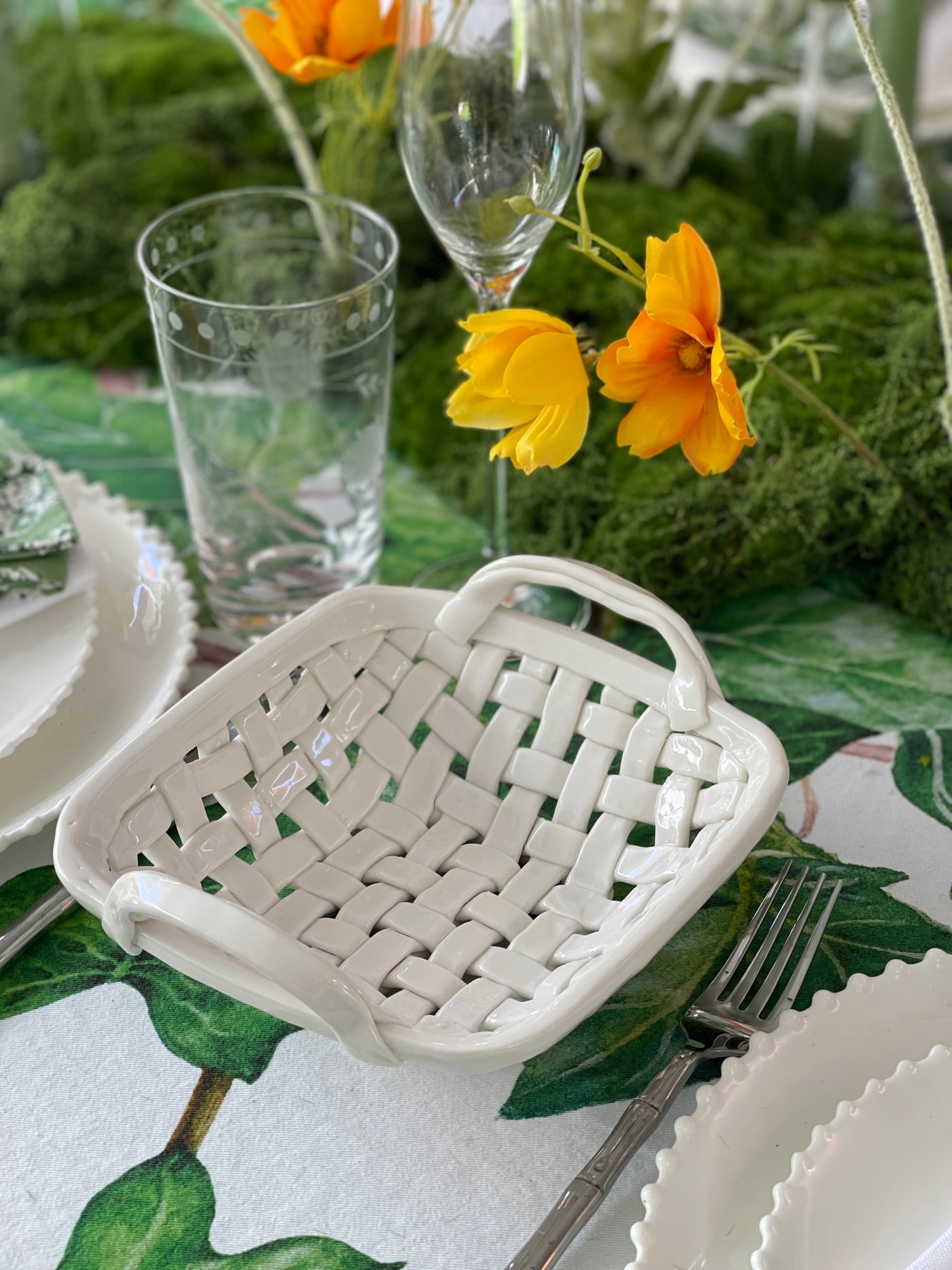 Ceramic Lattice Bowl - Square with Handles - Warm White