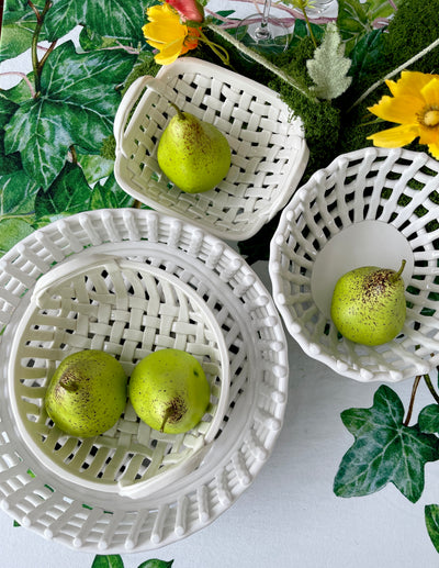 Ceramic Lattice Bowl - Round with Handles - Warm White