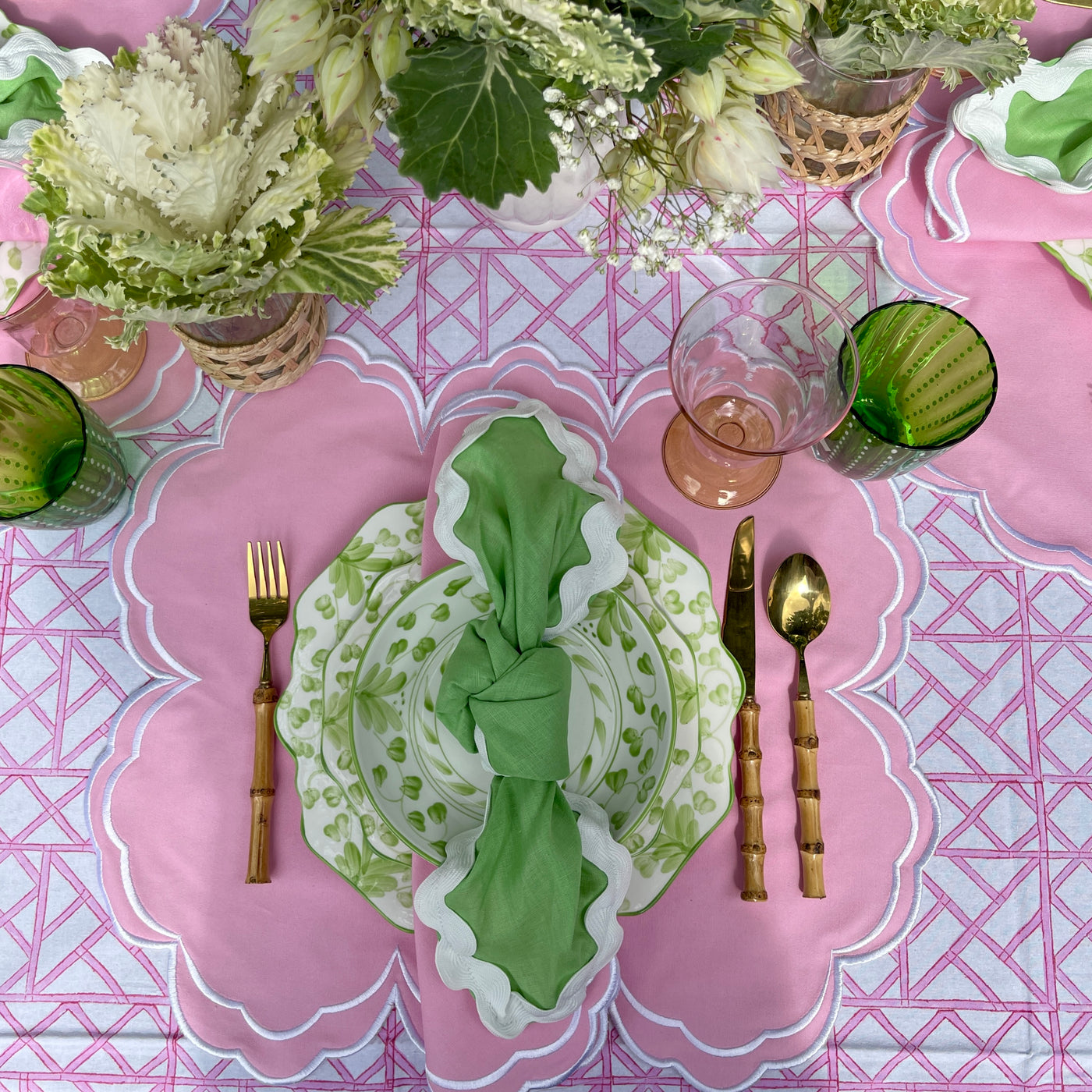 Hand Block Printed Cotton Tablecloth 'Lattice - Pink'