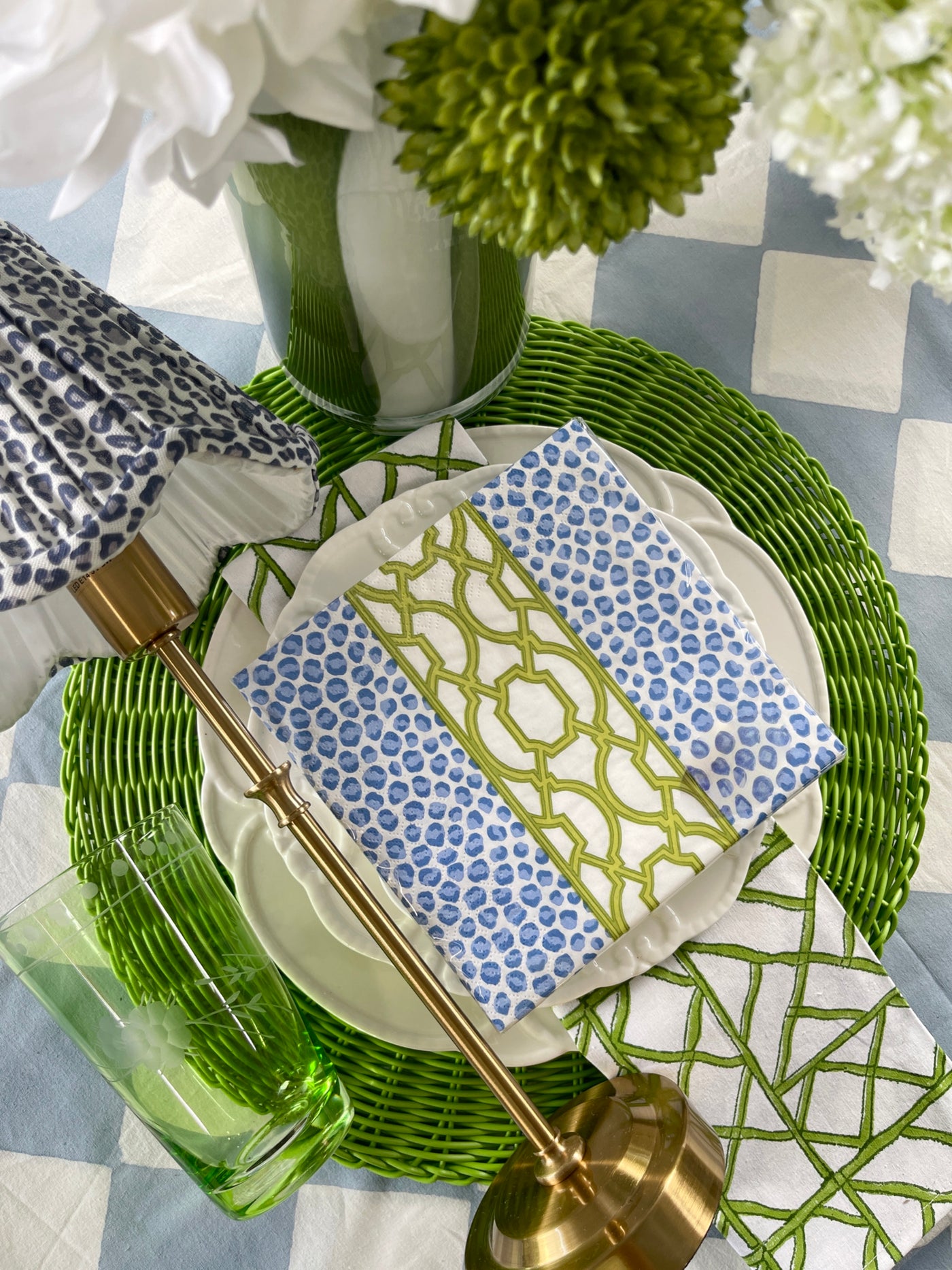 Caspari Paper Napkins - 'Knots & Spots - Blue/Green' - Luncheon Size, Pack of 20 Napkins
