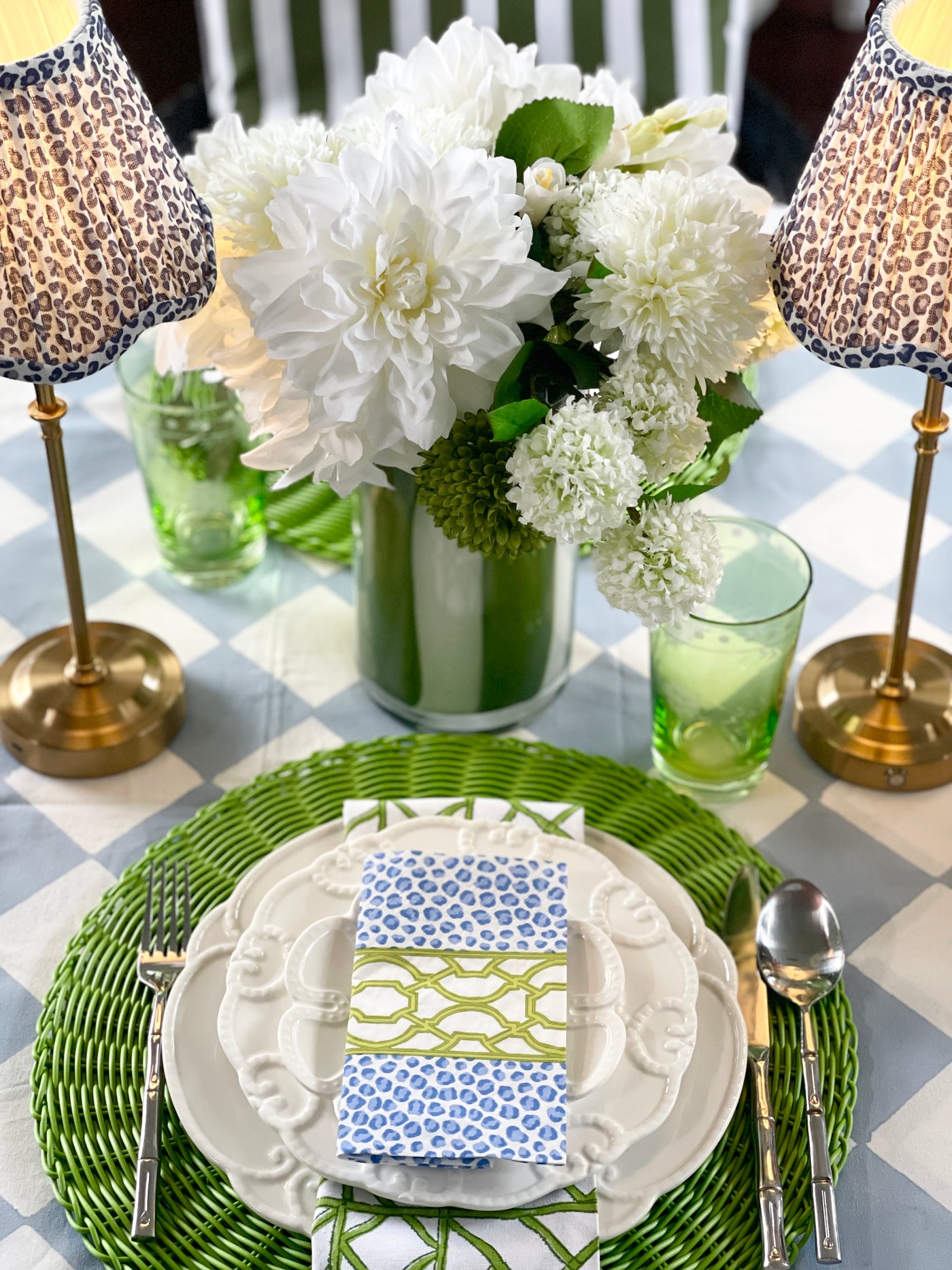 Caspari Paper Napkins - 'Knots & Spots - Blue/Green' - Luncheon Size, Pack of 20 Napkins
