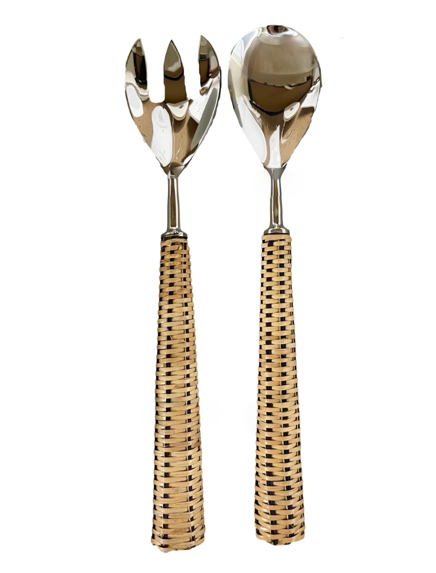 2 piece Salad Server Set - Silver with Rattan Handle