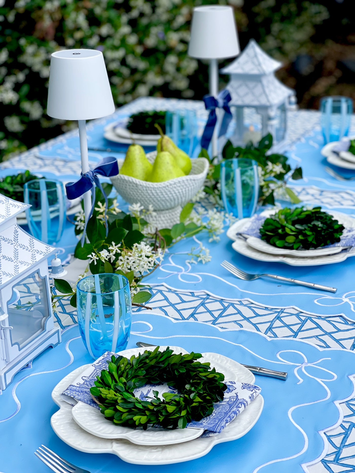 Hand Block Printed Cotton Tablecloth 'Lattice - Blue'
