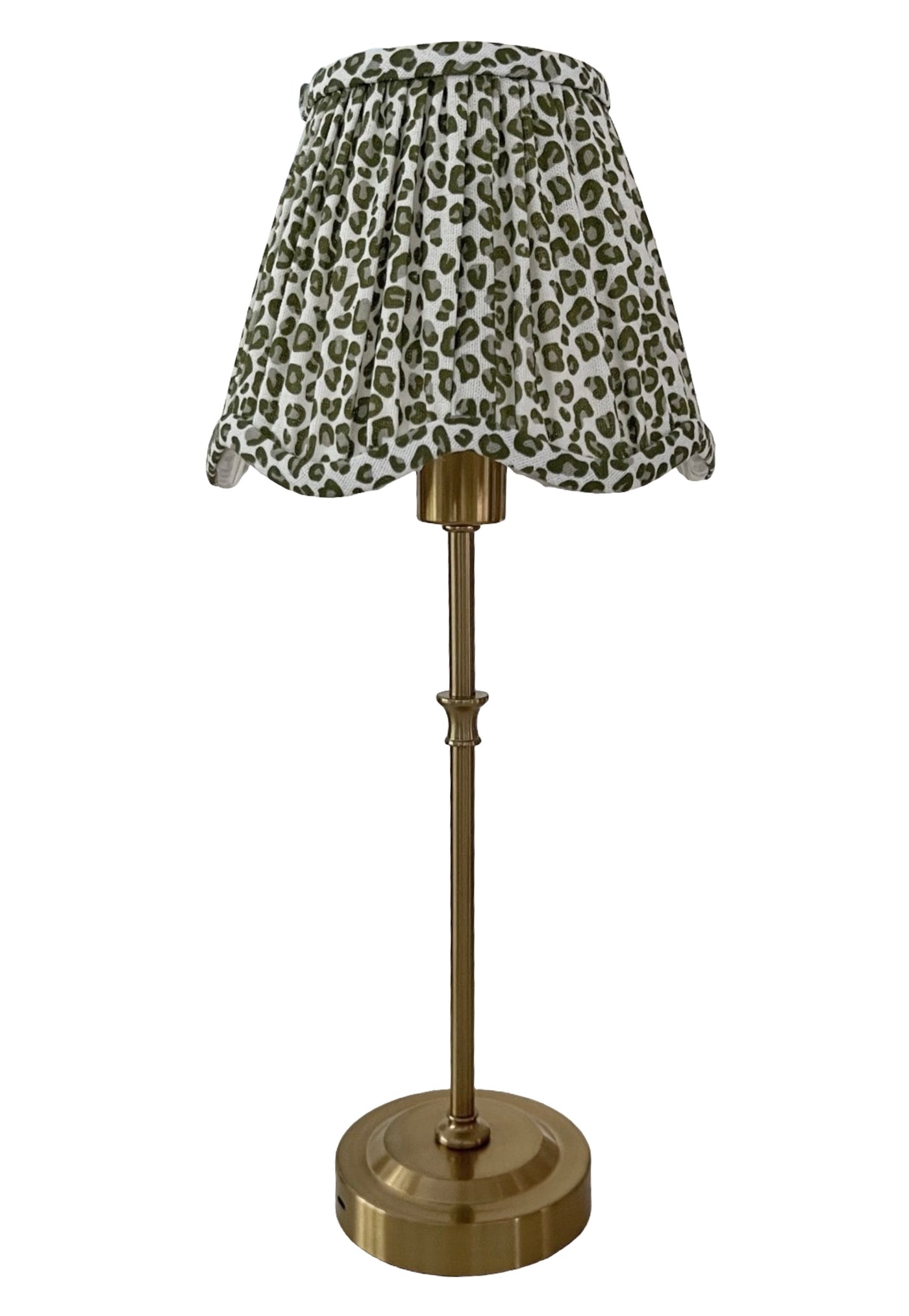 'Iris' Brushed Gold Cordless Lamp Base with 'Coco' Green Ocelot Shade *PURCHASE 2 OR MORE AND SAVE 10%