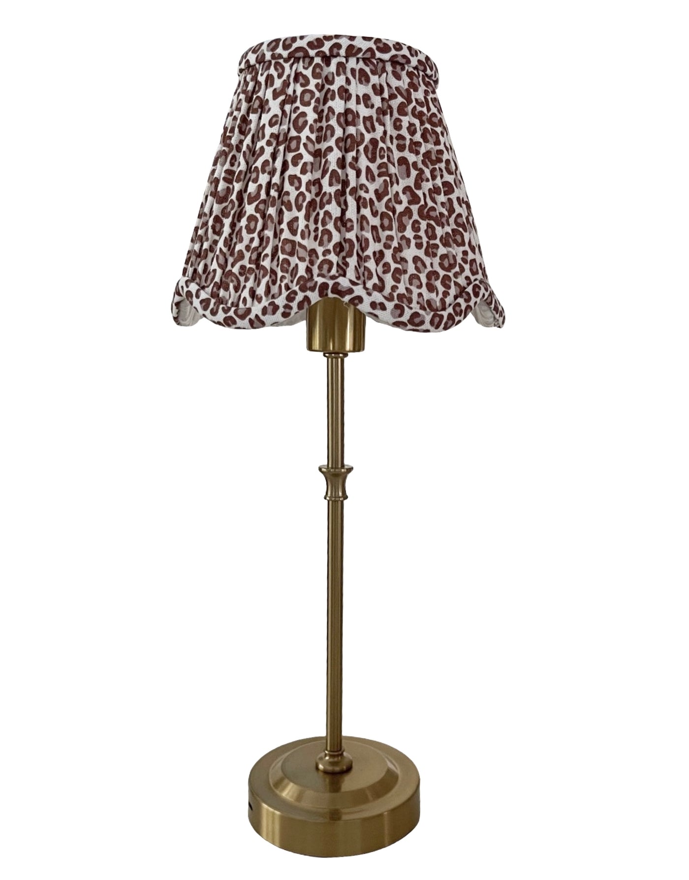 'Iris' Brushed Gold Cordless Lamp Base with 'Coco' Brown Ocelot Shade *PURCHASE 2 OR MORE AND SAVE 10%