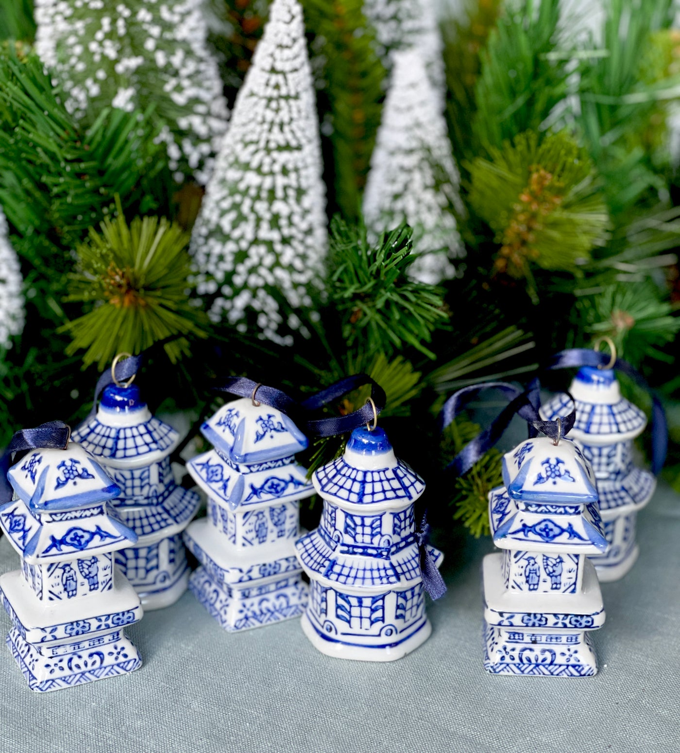 Set of Six Ceramic Mini Pagoda Ornaments - Blue and White