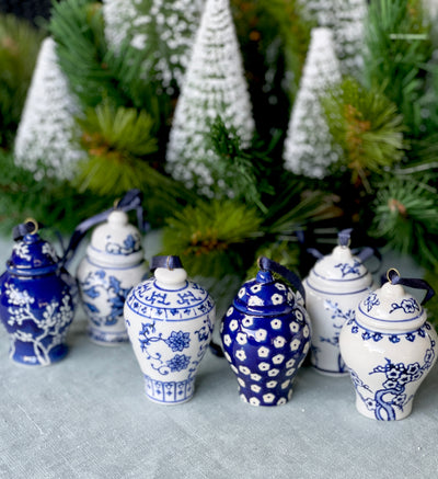 Set of Six Ceramic Mini Ginger Jar Ornaments - Blue and White