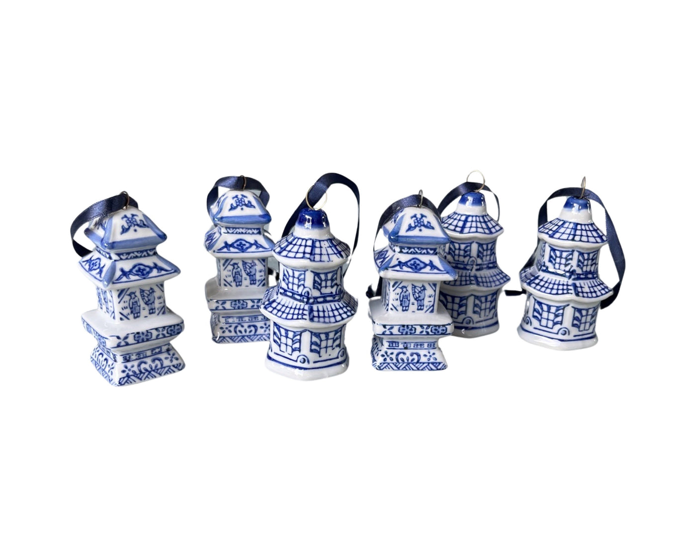 Set of Six Ceramic Mini Pagoda Ornaments - Blue and White