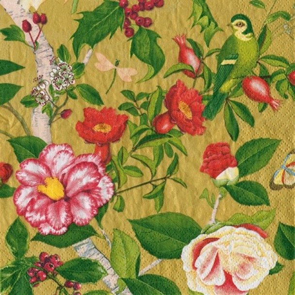 Caspari Paper Napkins - 'Christmas Chinoiserie' - Gold - Luncheon Size, Pack of 20 Napkins