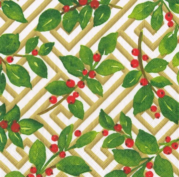 Caspari Paper Napkins - 'Holly & Fretwork' - Luncheon Size, Pack of 20 Napkins