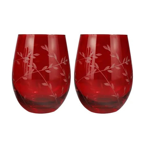 Set of 2 Stemless Etched Wine Glasses - Red