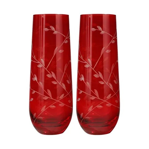 Set of 2 Stemless Etched Glass Flute - Red