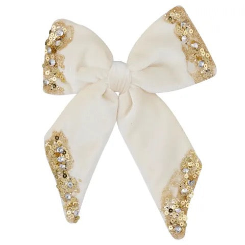 Embellished Ivory Velvet Bow With Clip