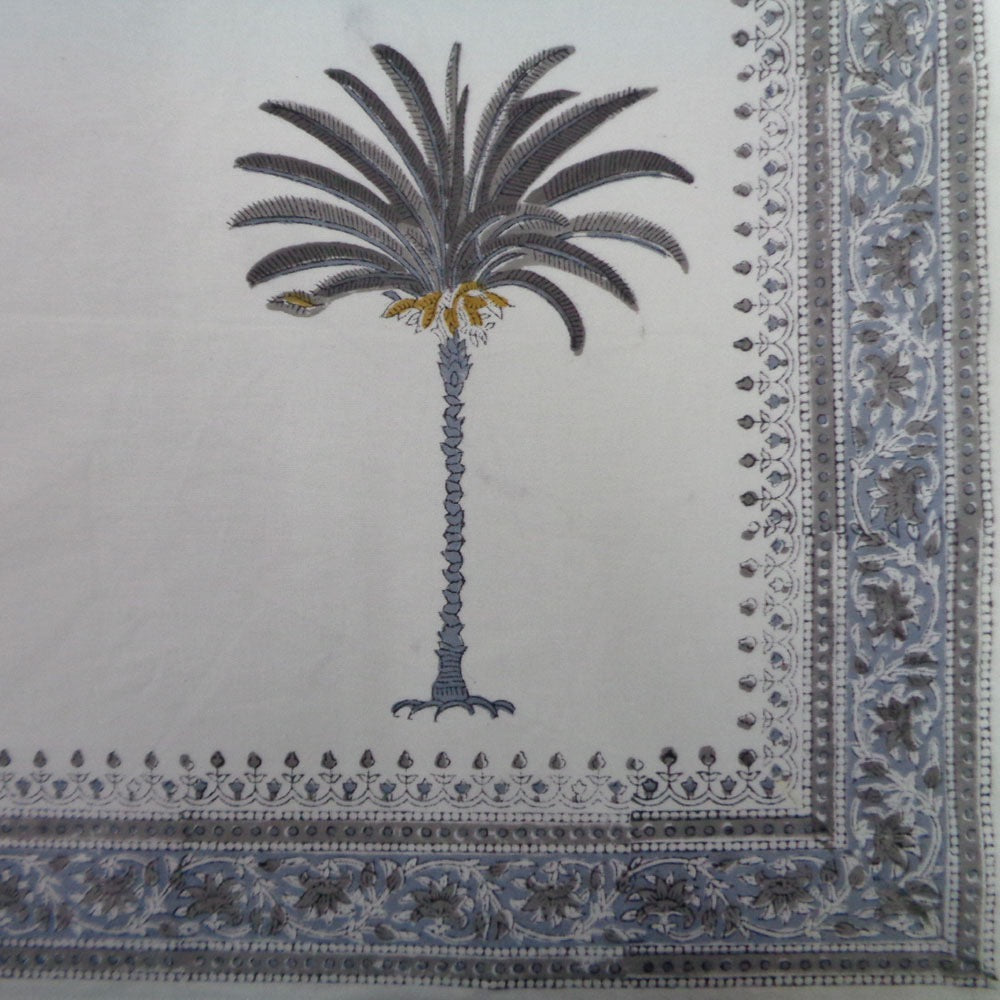 FINAL SALE  Block Printed Cotton Tablecloth 'GREY PALM' SQUARE TABLECLOTH