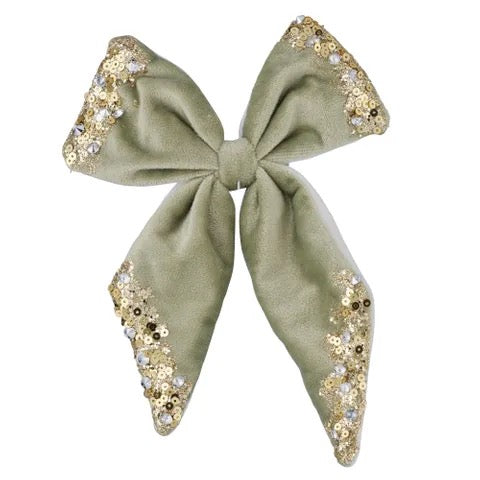 Embellished Soft Green Velvet Bow With Clip