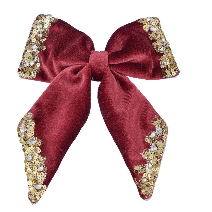 Embellished Red Velvet Bow With Clip
