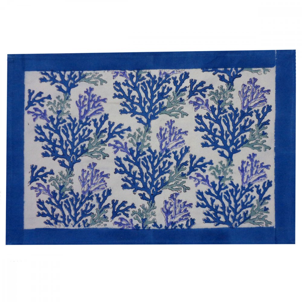 Set of 2 Hand Block Printed 'Blue Coral'  Placemats