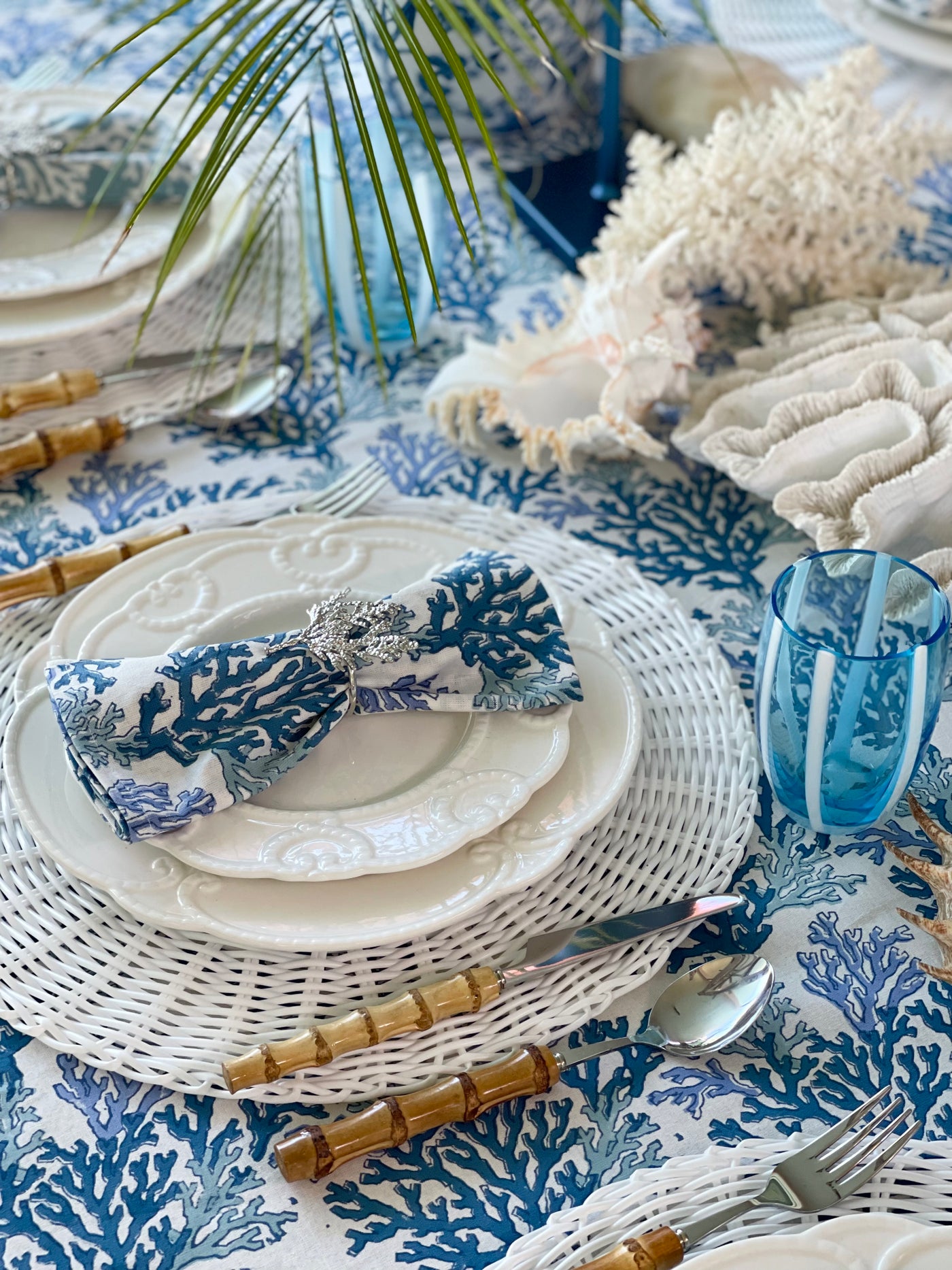 Block Printed Tablecloth 'Blue Coral'
