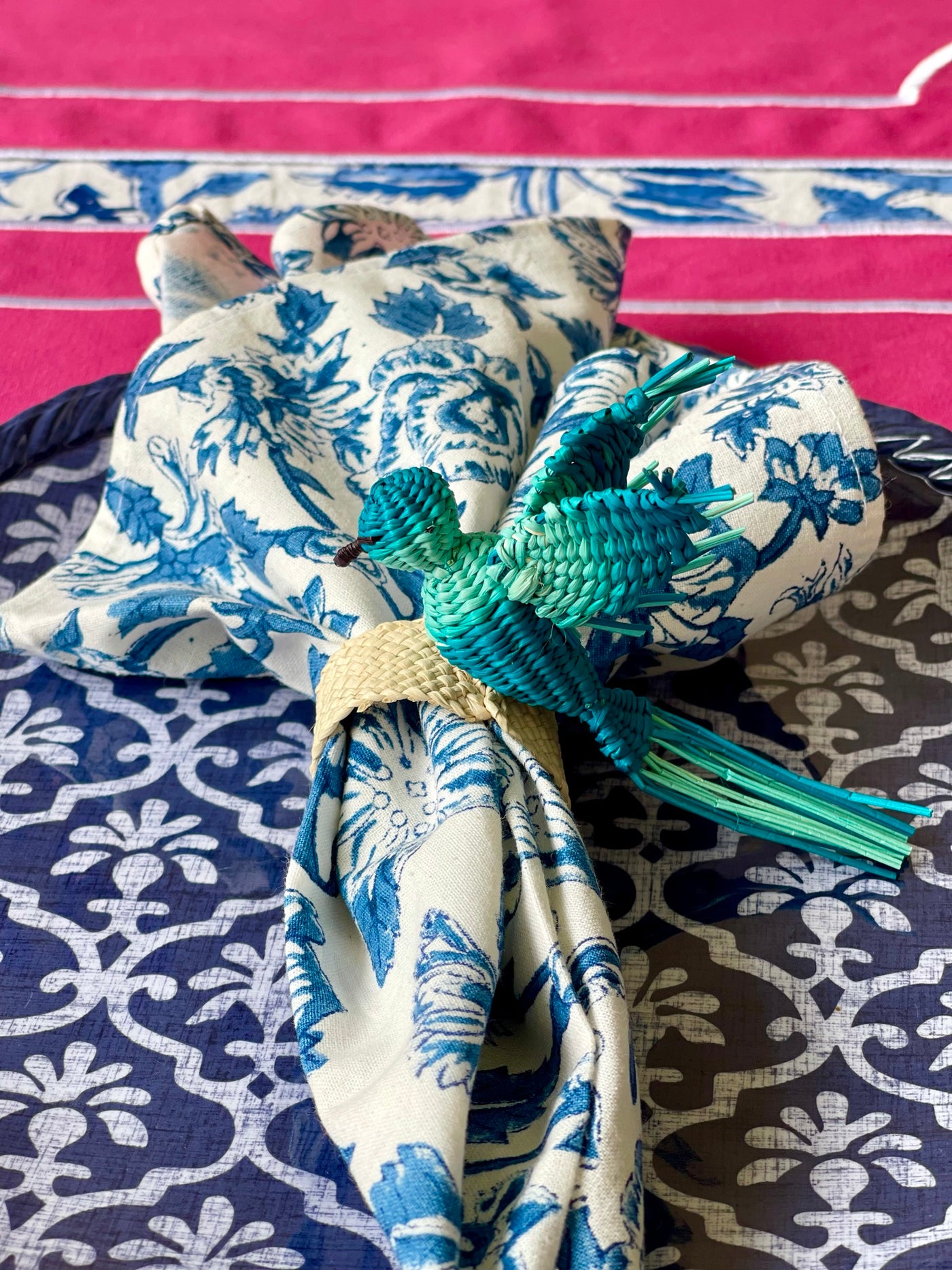 FINAL SALE Rattan Hummingbird Napkin Ring  - Blue CLEARANCE