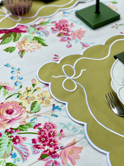 'High Tea' Placemat and Napkin Set - Olive Green 'Bows'