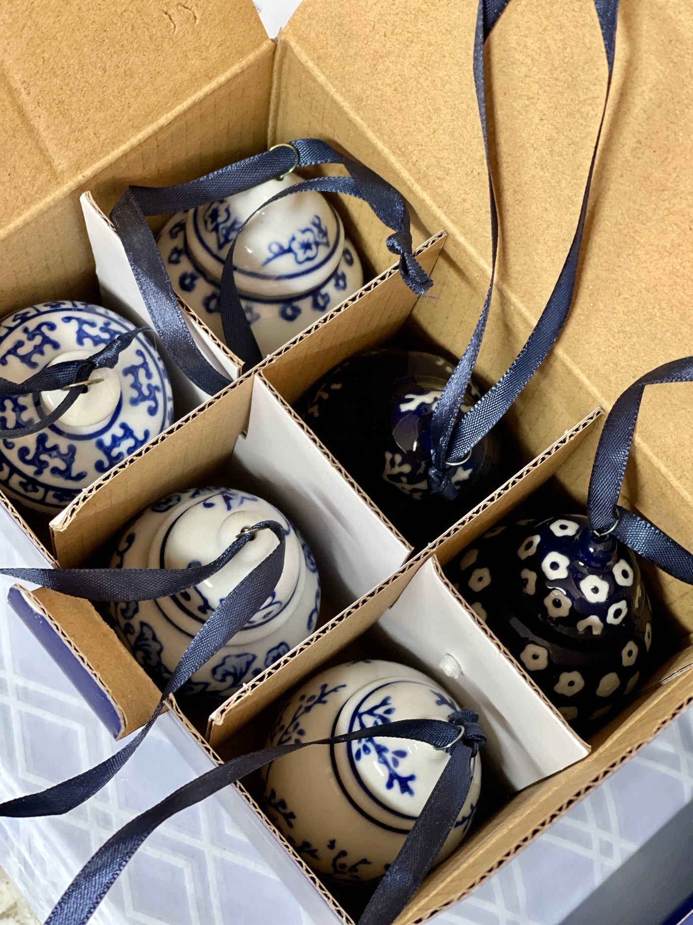 Set of Six Ceramic Mini Ginger Jar Ornaments - Blue and White