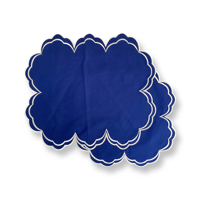 'High Tea' Placemat and Napkin Set -Bright Navy Scalloped