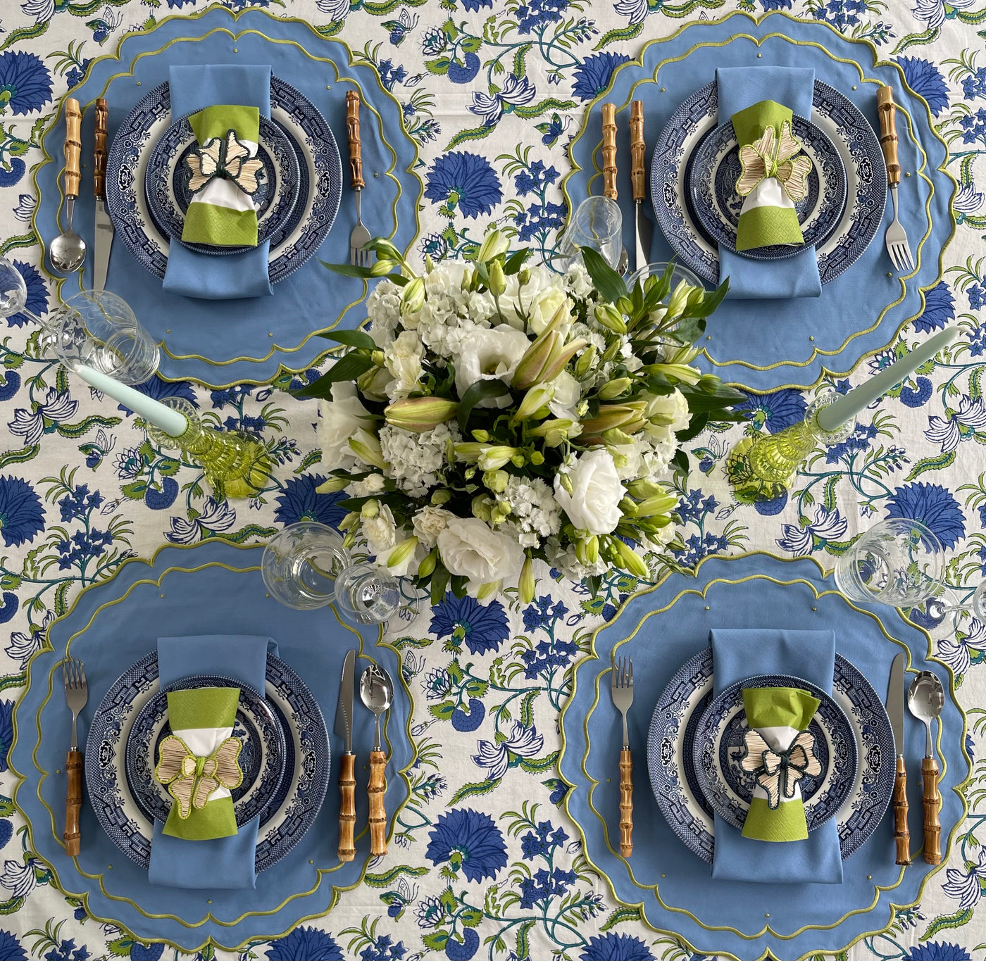 'High Tea' Placemat and Napkin Set - Blue and Chartreuse -Round