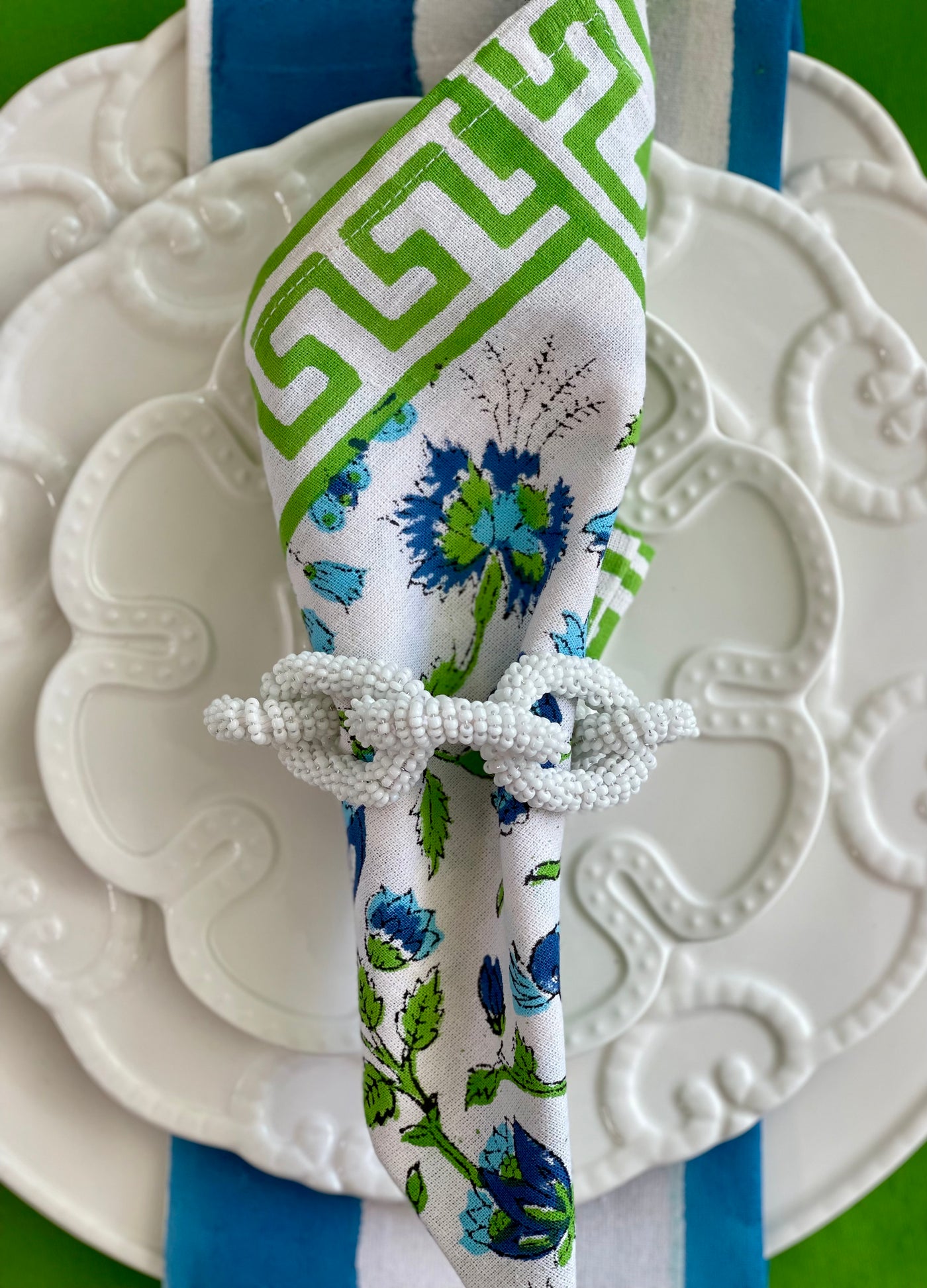 Hand Beaded Chain Napkin Ring in White