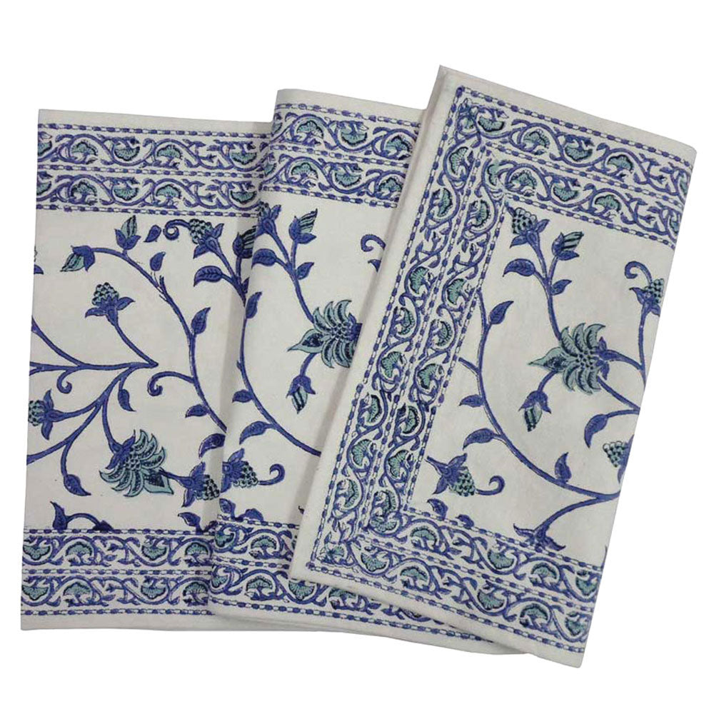 Hand Block Printed Table Runner 33cm x 170cm 'Floral Bale Blue'