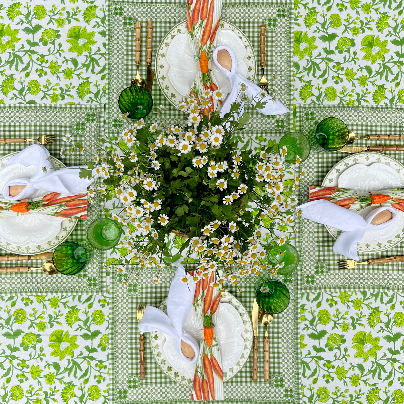 Floral Block Printed Tablecloth 'Emerald Bloom'