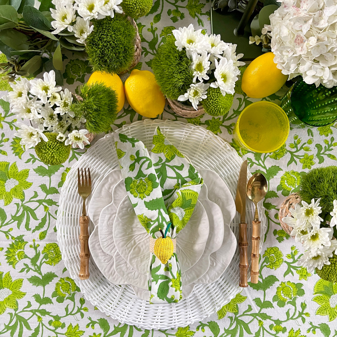 Floral Block Printed Tablecloth 'Emerald Bloom'