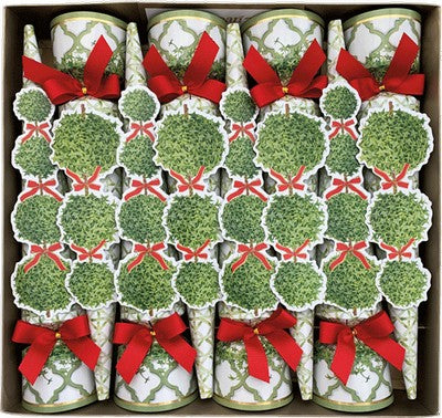 Christmas Crackers "Topiaries Green Border" Box of Eight Crackers